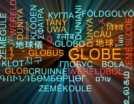 Globe multilanguage wordcloud background concept glowing Stock Illustration