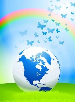 Globe on Nature Background with Rainbow Stock Illustration