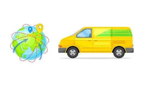 Globe with Navigation Point and Van as Shopping Logistics and Order Delivery Illustrazione stock