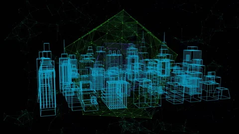 Globe of network connections against 3D city model on black background 스톡 동영상 141535247