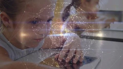 Globe of network of connections against close up of a caucasian girl using Stock Footage 327006788