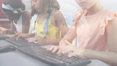 Globe of network of connections against group of diverse girls using computer at Stock Footage 326624428