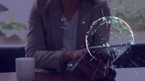 Globe of network of connections against mid section of woman using digital Stock Footage 139807536