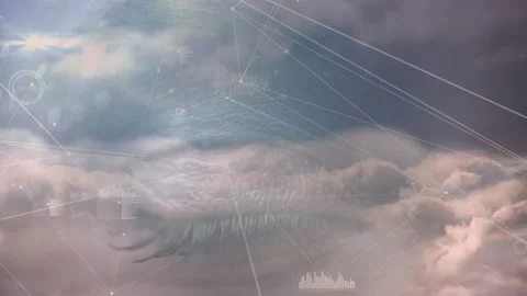 Globe of network of connections and clouds in the blue sky against close up of a Stock Footage 326888142