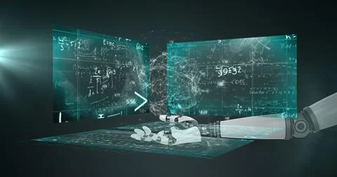 Globe of network of connections over robotic hand against screens with Illustrazione stock