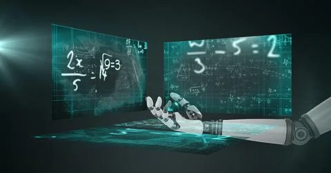 Globe of network of connections over robotic hand against screens with Illustrazione stock