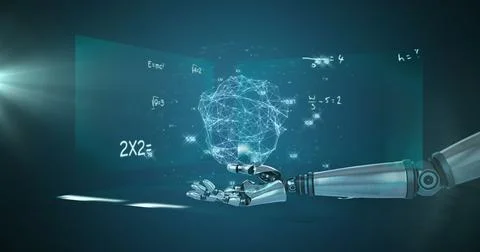 Globe of network of connections over robotic hand against screens with Illustrazione stock