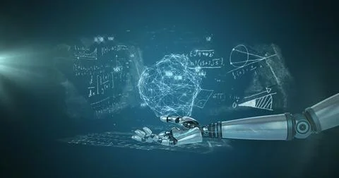 Globe of network of connections over robotic hand against mathematical equations Stock Illustration
