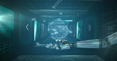 Globe of network of connections over robotic hand against screens with Stock Photos