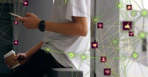 Globe of network of connections spinning against mid section of man with coffee Stock Illustration