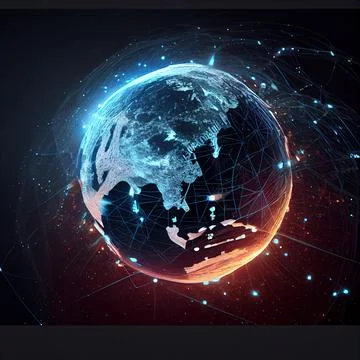 A globe with a network of dots around it and a black background with a red .. Stock Illustration