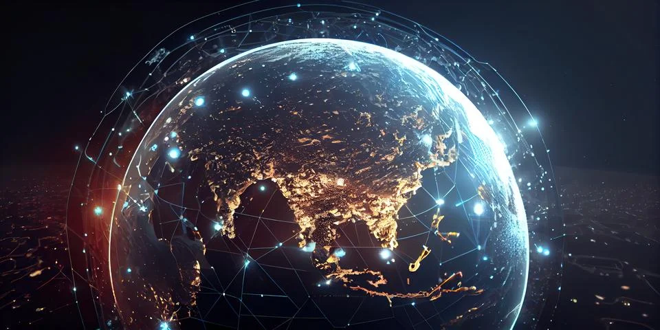 A globe with a network of lights around it and a dark background with a blu.. Stock Illustration