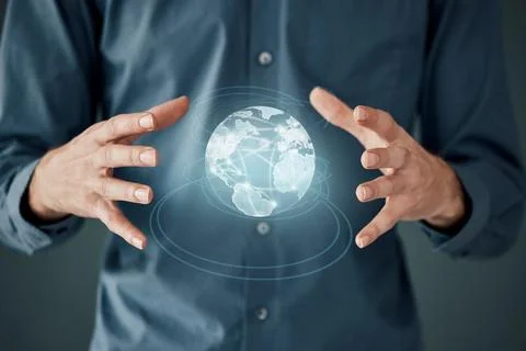 Globe, networking and internet with hands of businessman for digital 写真素材