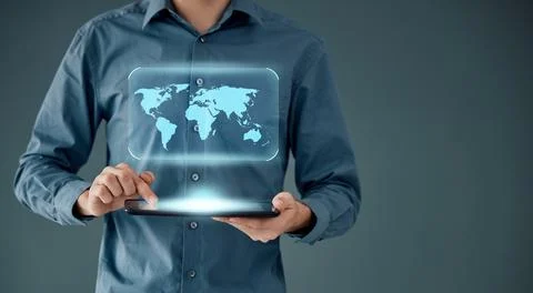 Globe, networking and tablet with hands of businessman for augmented reality Stock Photos