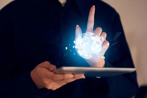 Globe, networking and tablet with hands of woman for augmented reality Stock Photos