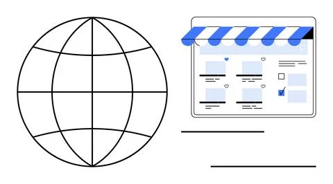 Globe next to web storefront with canopy and product listings, suggesting onl Stock Illustration