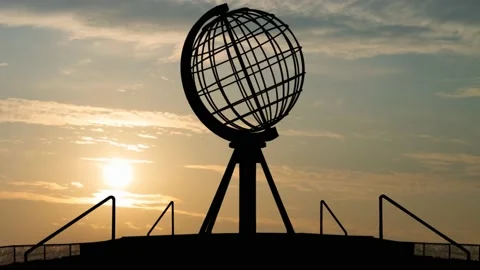 Globe at the North Cape, Time Lapse at Sunrise with Colorful Clouds, Norway Stock Footage 165646383