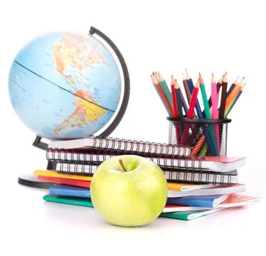 Globe, notebook stack and pencils. schoolchild and student studies accessorie 스톡 사진