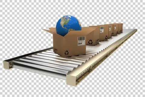 Globe in open box on 3D conveyor belt Stock Photos