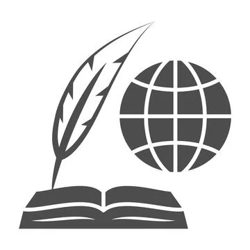 Globe, opened book and feather pen solid icon, education concept, inernational 스톡 일러스트
