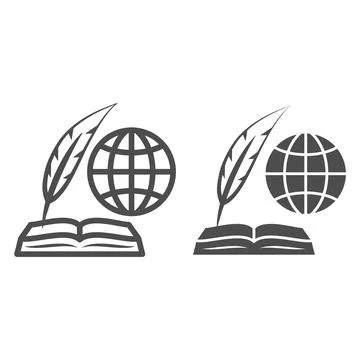Globe, opened book and feather pen line and solid icon, education concept 스톡 일러스트