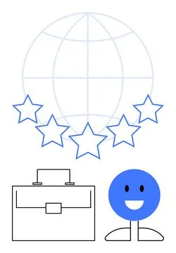 Globe outline, five stars, briefcase, and smiling figure in clean design. Ide Stock Illustration
