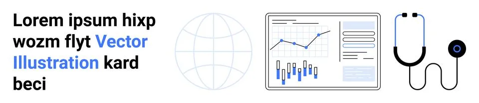 Globe outline, text block, analytics dashboard, and stethoscope. Ideal for me Stock Illustration