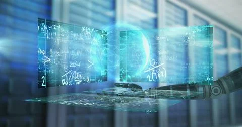 Globe over robotic hand and screens with mathematical equations against computer Stock Illustration