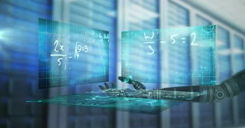 Globe over robotic hand and screens with mathematical equations against computer Stock Illustration
