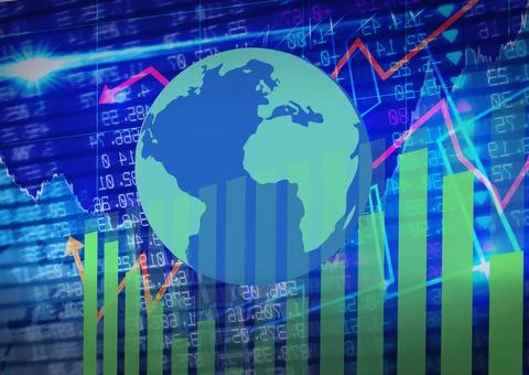 Globe over statistical and stock market data processing against blue background Stock Illustration