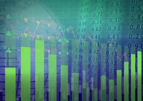 Globe over statistical and stock market data processing against green background Stock Illustration