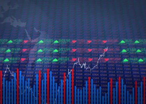 Globe over statistical and stock market data processing against blue background Illustrazione stock