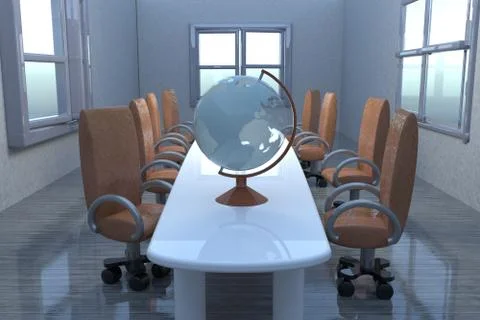 Globe over a table in meeting room Illustrazione stock