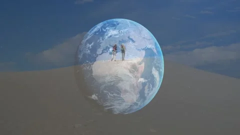 Globe overlay appearing, hikers walking and gesturing on dune ridge, globe Stock Footage 329931785