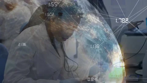 Globe overlay causing female lab tech checking samples with pipette under Stock Footage 330577867