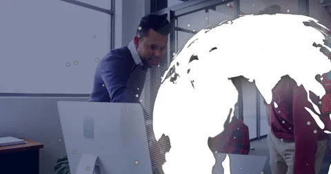 Globe overlay entering and shifting, revealing dev team reviewing code snippets Stock Footage 315787880