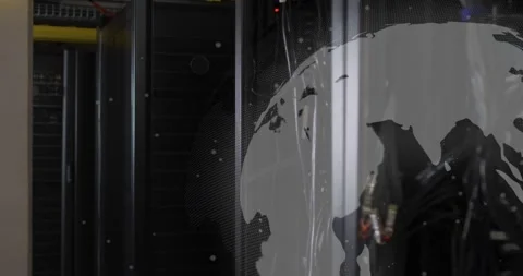 Globe overlay shifting, camera panning, racks revealing cables, LEDs flashing, Stock Footage 333830257