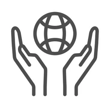 Globe in palms line icon, save earth concept, two hand holding planet sign on Stock Illustration