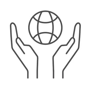 Globe in palms thin line icon, save earth concept, two hand holding planet sign Stock Illustration