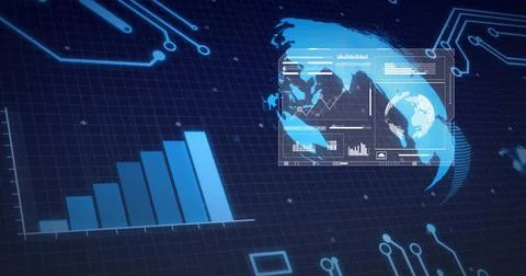 Globe panel rotating in dark grid space, with bar-line charts and circuit lines, Stock Photos
