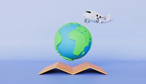 Globe pin map with flight plane travel tourism trip planning world tour Stock Illustration