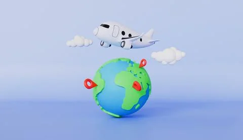 Globe pin map with flight plane travel tourism trip planning world tour Stock Illustration
