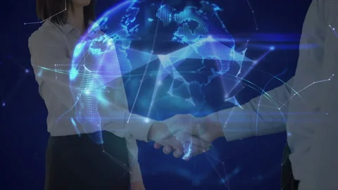 Globe of plexus network against man and woman shaking hands against blue Stock Footage 146583150