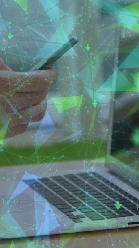 Globe of plexus network spinning against mid section of man with laptop using Stock Footage 324785737