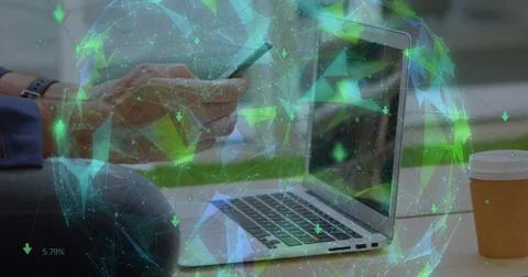 Globe of plexus network spinning against against mid section of man with laptop Stock Photos