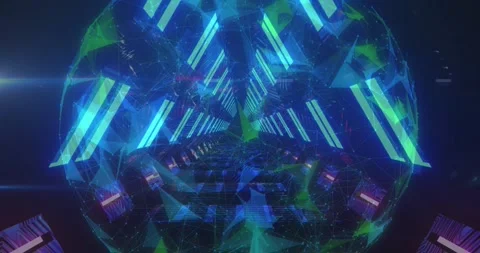 Globe of plexus network spinning over neon glowing tunnel in seamless pattern Stock Footage 327900127
