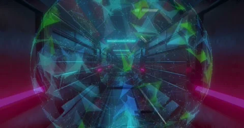 Globe of plexus network spinning over neon glowing tunnel in seamless pattern Stock Footage 329568401