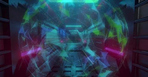 Globe of plexus network spinning over neon glowing tunnel in seamless pattern Stock Photos