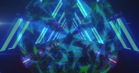 Globe of plexus network spinning over neon glowing tunnel in seamless pattern Stock Photos