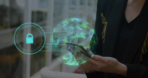 Globe of plexus networks and security padlock icon against mid section of woman Stock Photos